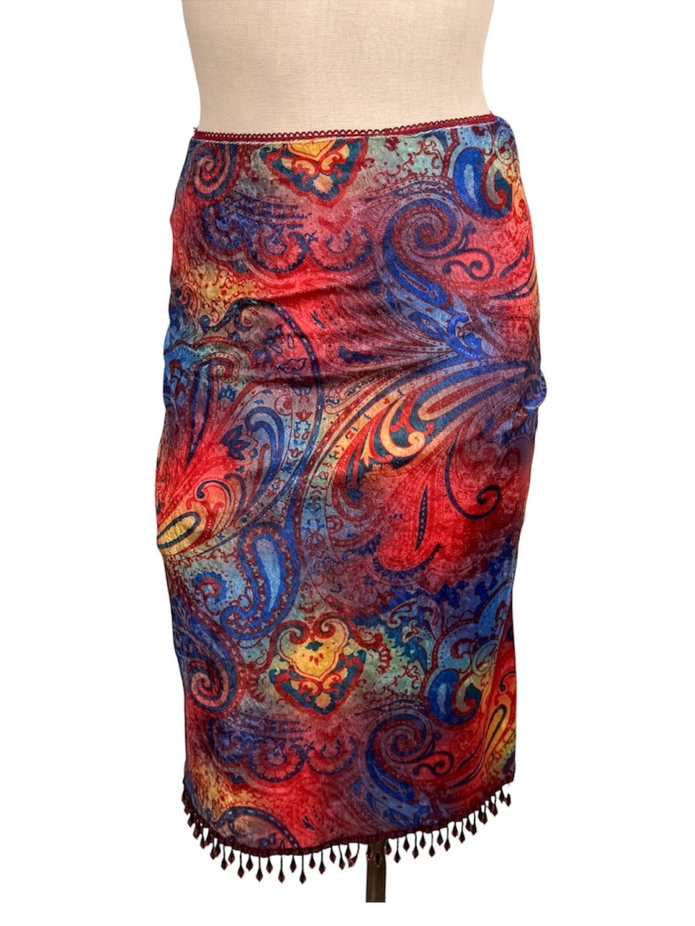Vintage PETIT POIS By Viviana G Paisley Beaded Trim Velour Y2K Lined Skirt Sz S